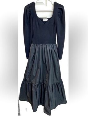 Tanya Taylor Black Puff Sleeve Midi Dress w/ Sweater Top & Taffeta Skirt